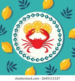 Crab and lemon slices on decorative plate illustration. Fresh crab and citrus on plate flat lay design. Crab with lemon slices vector on teal background