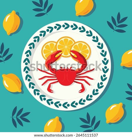 Crab and lemon slices on decorative plate illustration. Fresh crab and citrus on plate flat lay design. Crab with lemon slices vector on teal background
