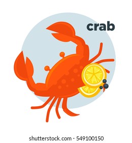Crab with lemon vector illustration. Fresh seafood icon. Crustacean with claw - ocean or sea food, sign for restaurant menu. Design element in cartoon style, isolated on white background