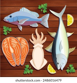 A crab and lemons are on a wooden table with a picture of crab and lemons background set seafood