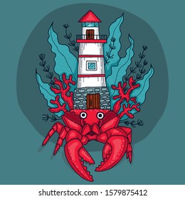 crab lighthouse seaweed vector corals