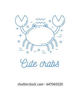 Crab line art logotype, vector illustration with dashed lines