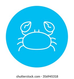 Crab line icon for web, mobile and infographics. Vector white icon on the light blue circle isolated on white background.