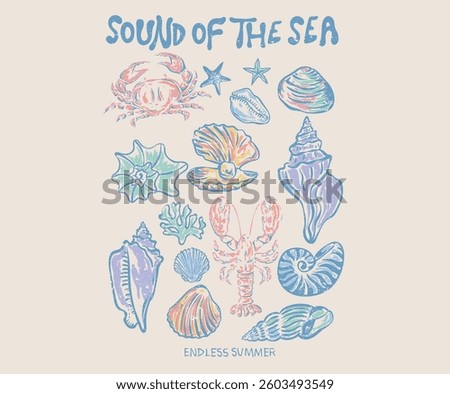Crab and lobster design. Sound of the sea. Seashell vintage artwork. Summer vibes artwork. Seashell line drawing. 