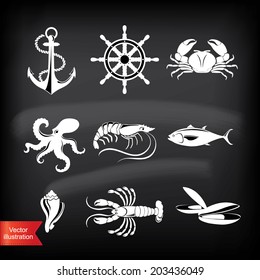 Crab, lobster, fish, octopus. Set of seafood icons. 