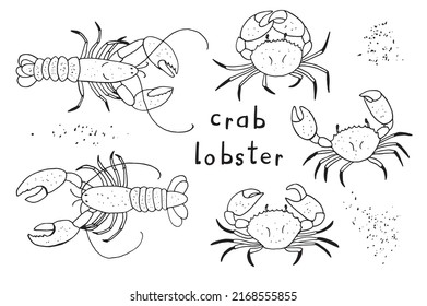 Crab, lobster sea animals vector illustrations line set.