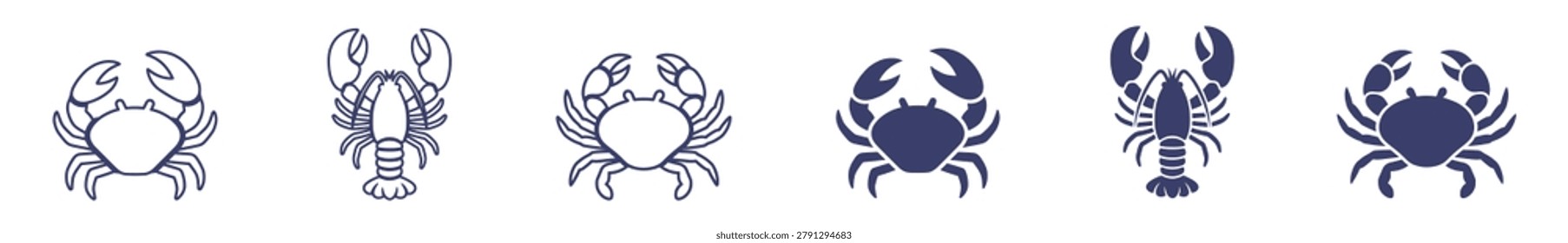 crab and lobster seafood outline and solid icons set, vector illustration on transparent background