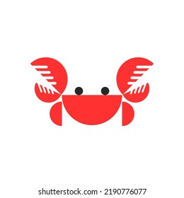 Crab logo or children illustration in red color from simple geometric shapes minimal style, silhouette of a crustacean with claws up front view.