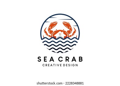 Crab logo design combined with illustration of water or ocean waves