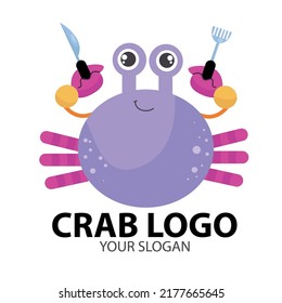 Crab logo with holding spoon and knife. Logo vector icon design illustration