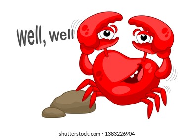 Crab looks into the distance. Cheerful crab looking through binoculars. Crab says well well. Vector illustration - crab on white background