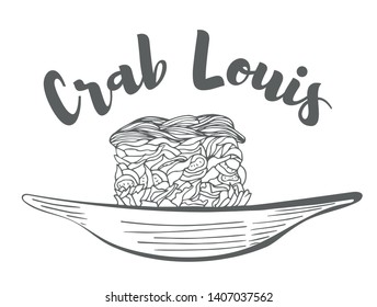 Crab Louis Salad. Hand drawn sketch. Organic food. Vector illustration on white background.