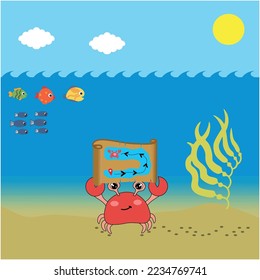 Crab with a Map under the Sea Illustration