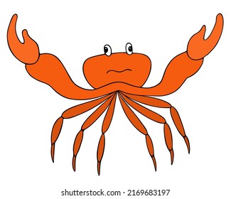 Crab. A marine invertebrate with claws of the crustacean order. Color vector illustration. Isolated background. Nimble creature with lots of legs. Cartoon style. Idea for web design.