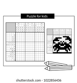 Crab. Marine life. Black and white japanese crossword with answer. Nonogram with answer. Graphic crossword. Puzzle game for kids.
