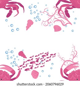 Crab marine life, fish, animals bright seamless pattern. sea travel, snorkeling with animals, tropical fish