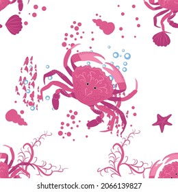 Crab marine life, fish, animals bright seamless pattern. sea travel, snorkeling with animals, tropical fish