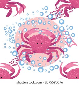 Crab marine life, fish, animals bright seamless pattern. sea travel, snorkeling with animals, tropical fish