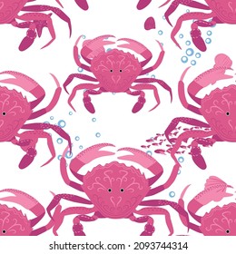 Crab marine life, fish, animals bright seamless pattern. sea travel, snorkeling with animals, tropical fish