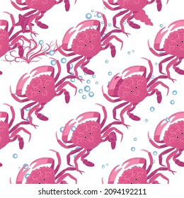 Crab marine life, fish, animals bright seamless pattern. sea travel, snorkeling with animals, tropical fish