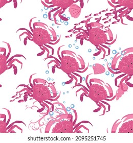 Crab marine life, fish, animals bright seamless pattern. sea travel, snorkeling with animals, tropical fish