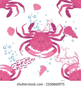 Crab marine life, fish, animals bright seamless pattern. sea travel, snorkeling with animals, tropical fish