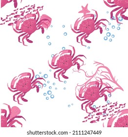 Crab marine life, fish, animals bright seamless pattern. sea travel, snorkeling with animals, tropical fish