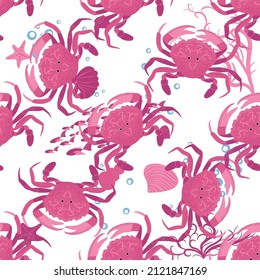 Crab marine life, fish, animals bright seamless pattern. sea travel, snorkeling with animals, tropical fish