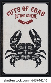 Crab meat cutting cheme. Crab silhouette on grunge background. Design element for poster, menu, flyer. Vector illustration