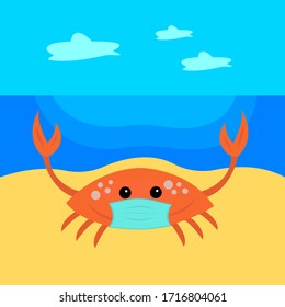 crab in a medical mask on the sand. Against the background of water and a blue sky with clouds, the concept of the virus and the beach season.