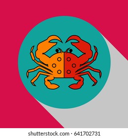 Crab. Modern flat icon, logo seafood. Circle with shadow. Vector illustration
