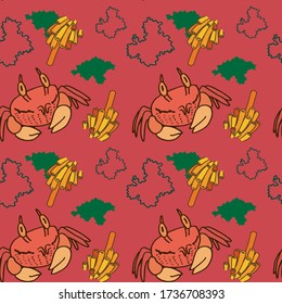 Crab and moss on red backdrop. Yellow seaweed seamless pattern for wallpaper, wrap paper, sleeper, bath tile, apparel or bed linen. Phone case or cloth print. Doodle style stock vector illustration