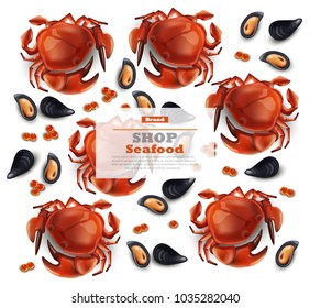 Crab and mussels Vector realistic pattern background. Seafood textures