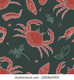 Crab and octopus, oysters and mollusks served with greenery herbs. Tasty seafood in restaurant or shop, store or cafe with delicatessens. Seamless pattern, print or background. Vector in flat style
