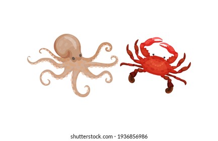 Crab and Octopus as Seafood and Marine Delicacy Vector Set