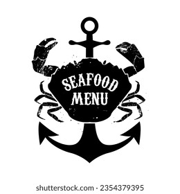 Crab on a background of the anchor and the words "seafood menu". seafood meny label template. Vector illustration.