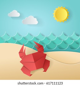 Crab On The Beach Sea Ocean, Sky, Sand. Concept Of Summer Time. Design By Paper Origami Art And Craft Style