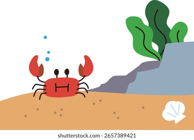 Crab on the beach. Vector illustration of a flat design.