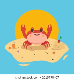 Crab on the beach. Vector summer picture. Marine animal.