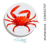 Crab on ice cubes in cartoon style. Seafood product design. Inhabitant wildlife of underwater world. Edible sea food. Vector illustration