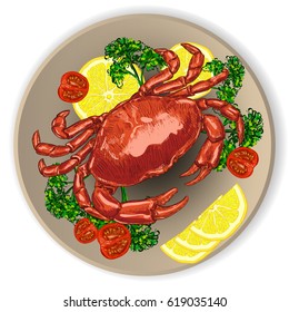 crab on a plate with lemon, tomatoes and herbs