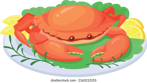 Crab on plate. Sea food dish cartoon icon isolated on white background