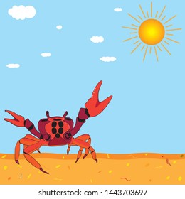 Crab on the sand, against the blue sky with clouds and the sun. Vector graphics. Stock vector illustration. There is a place for text. Seafood. Seafood in vector. Сoloring book