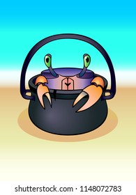 Crab on the seashore. Crab in a cauldron by the ocean. Funny crab. cartoon character crab.