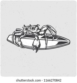 Crab on surfing board. Black and white illustration. Isolated on light backgrond with grunge noise and frame.