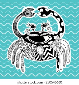 Crab on Wave Doodle Vector