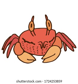 Crab on white isolated backdrop. Pagurian for invitation and gift card, tattoo parlor or seafood store logo, diving club emblem. Phone case or cloth print. Doodle style stock vector illustration