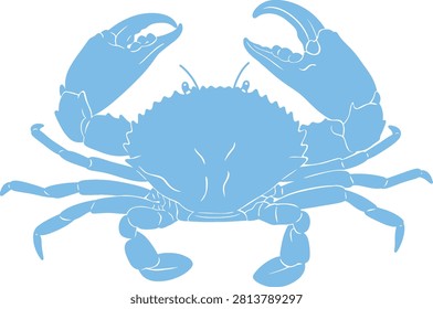 A crab opening its claws, isolated against a transparent background; a blue silhouette illustration with outlines