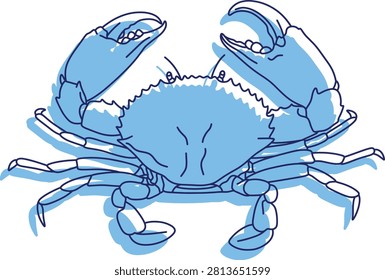 Crab opening its claws, isolated on a transparent background; line sketch illustration with a blue silhouette	