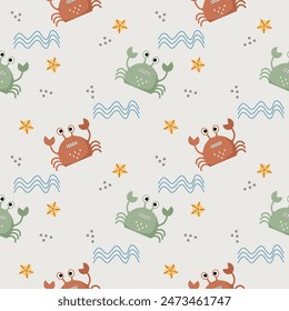 Crab orange and green cartoon so cute. On  starfish waves background. Pattern seamless vector illustration. 